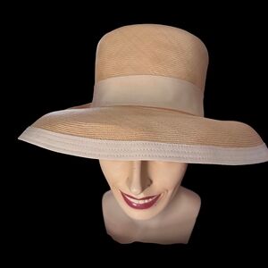 Vintage Two-tone Beige Wide-Brim Straw Hat Featuring a Grosgrain Ribbon Band